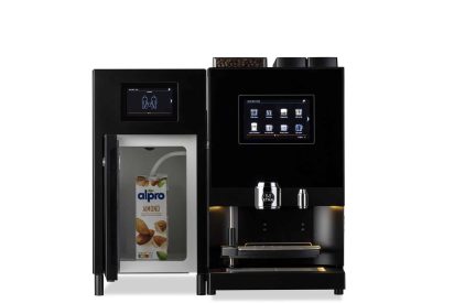 Dorado Espresso Compact black with MilkBase door open and milk pack